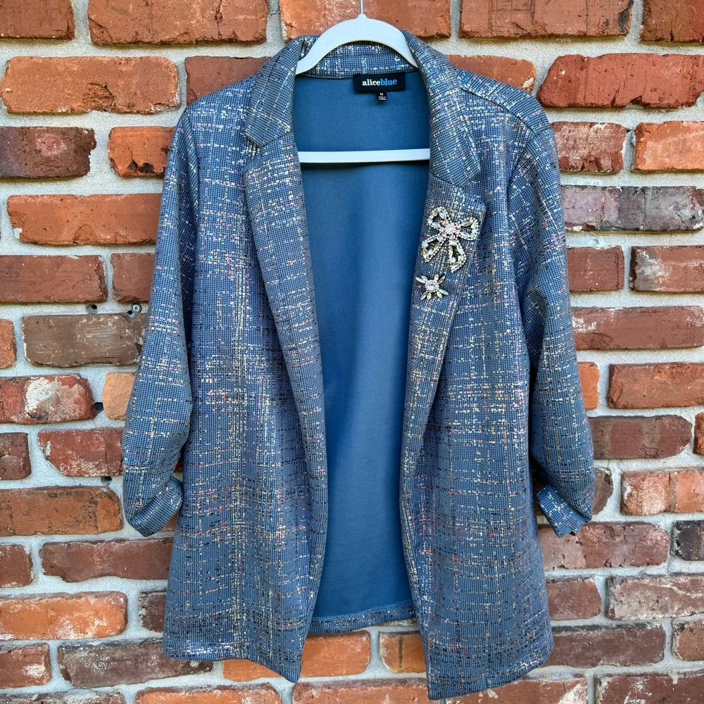 Alice Blue Jacket Metallic Design Crystal Embellishments 3/4 Sleeve Open Front M